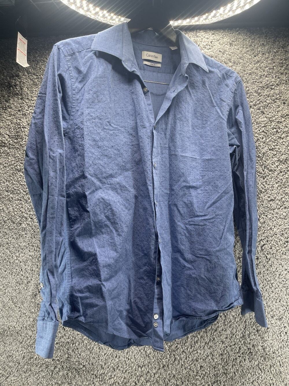 Calvin Klein Mens Dress Shirt Size L 16 32/33 Blue Slim Fit Design Button Up